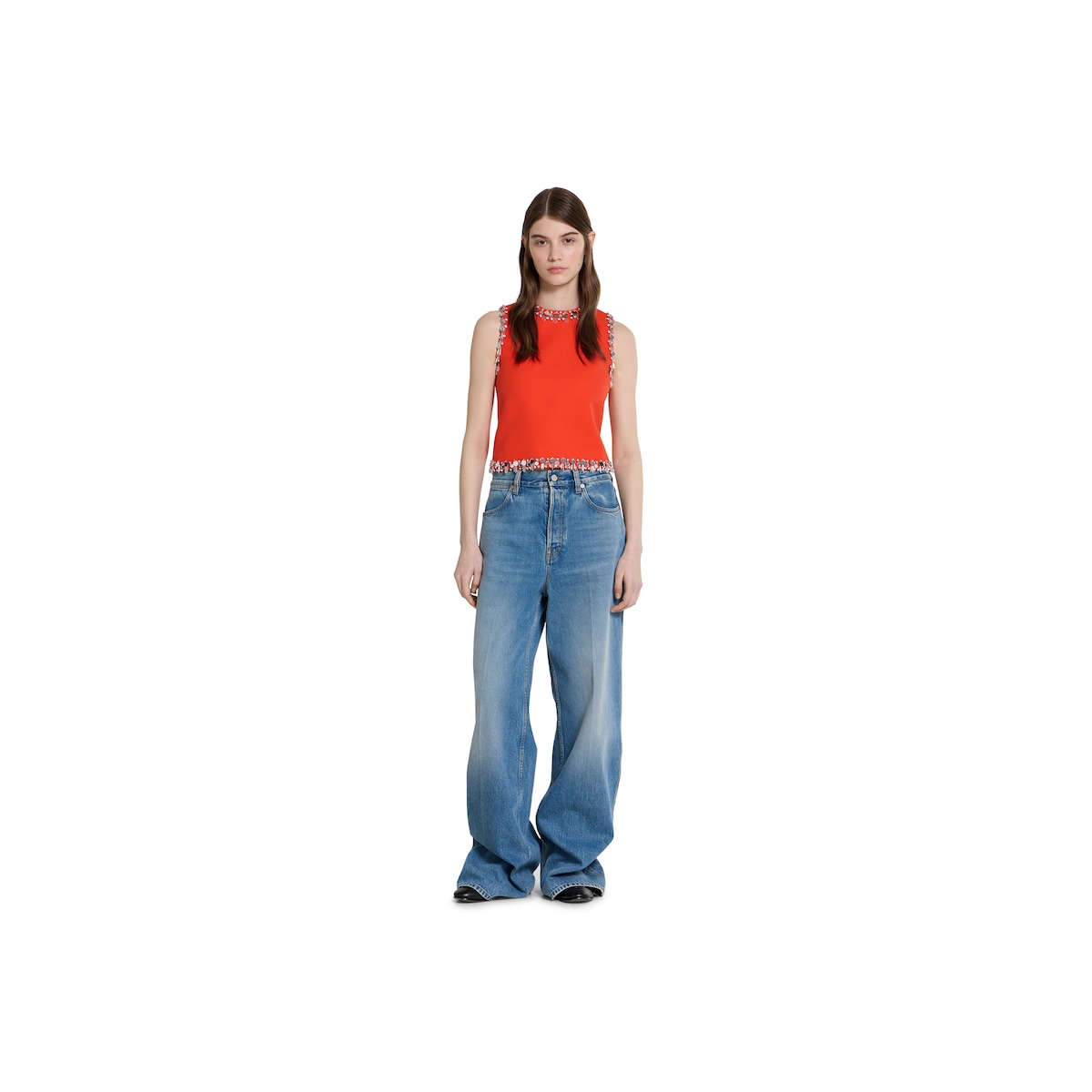 Crêpe wool silk top with embroidery