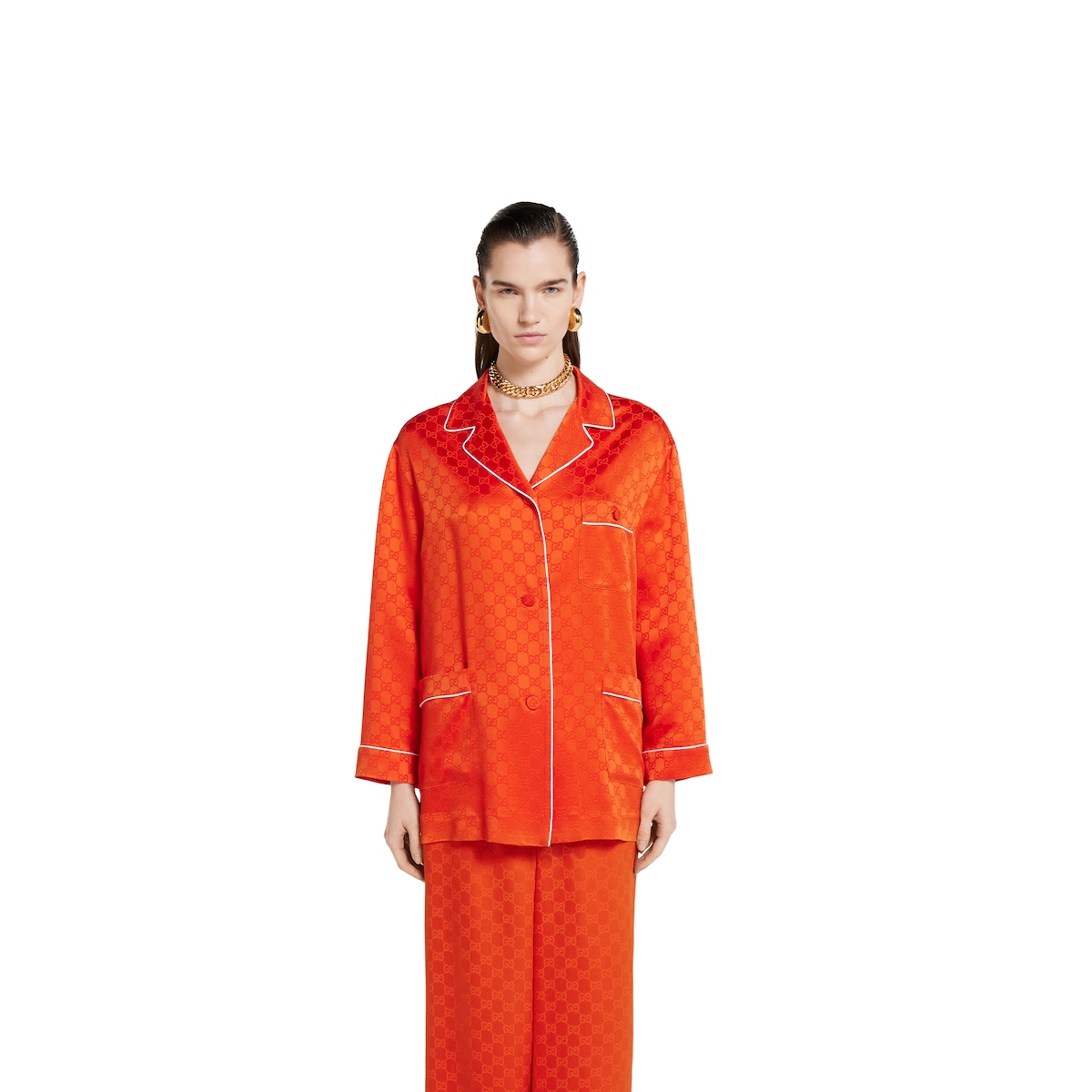Tシャツ・カットソー GUCCI FW25 Orange satin shirt (836310ZAQKJ 7481) GG satin shirt in bright orange | GUCCI® US