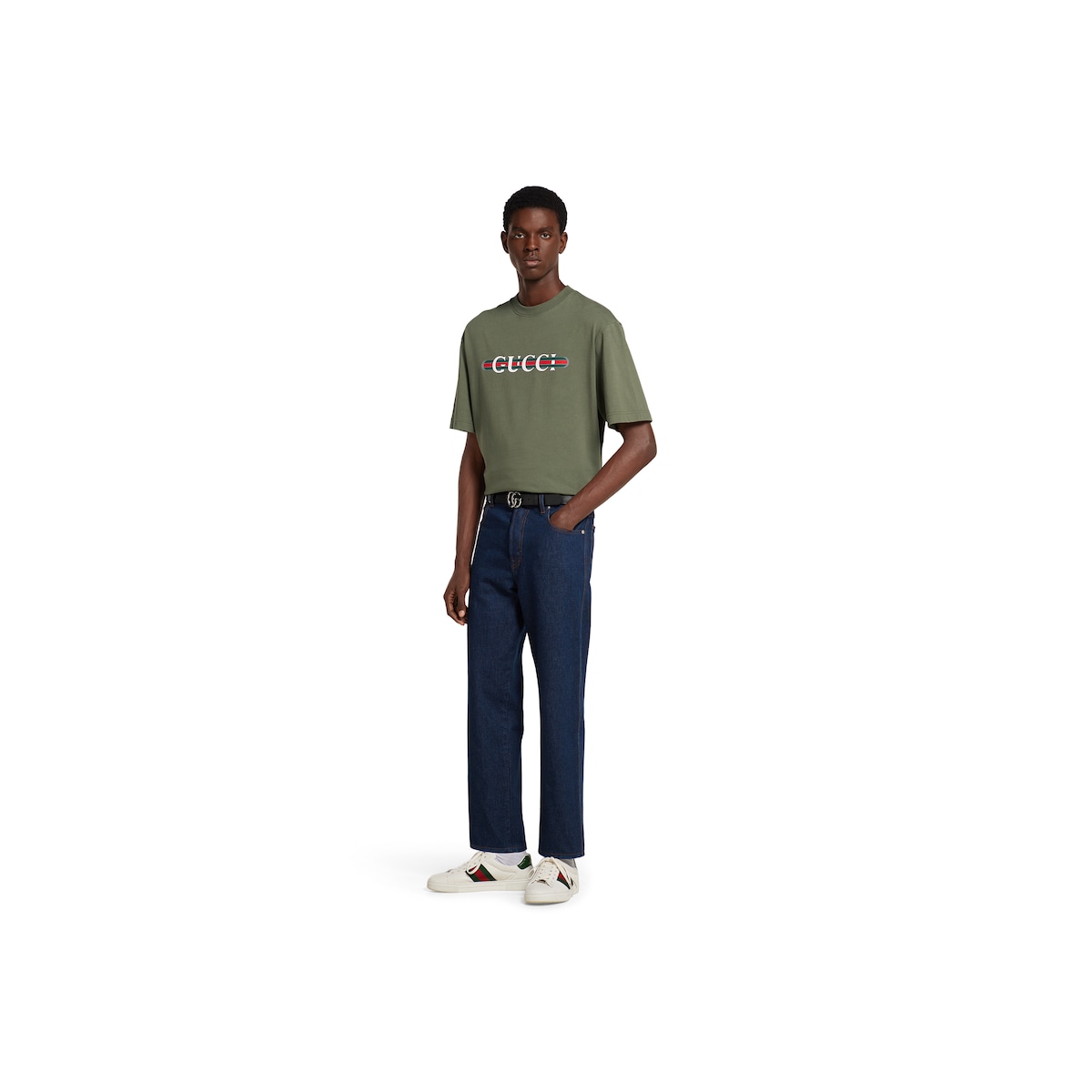 GUCCI ♪ コットンジャージー プリント Tシャツ 798115XJHD エンブロイダリー コットンジャージー Tシャツダークグレー