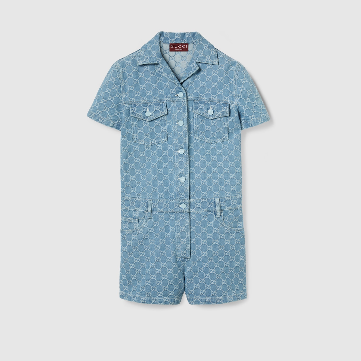 GG denim jacquard jumpsuit in blue and ivory | GUCCI® US