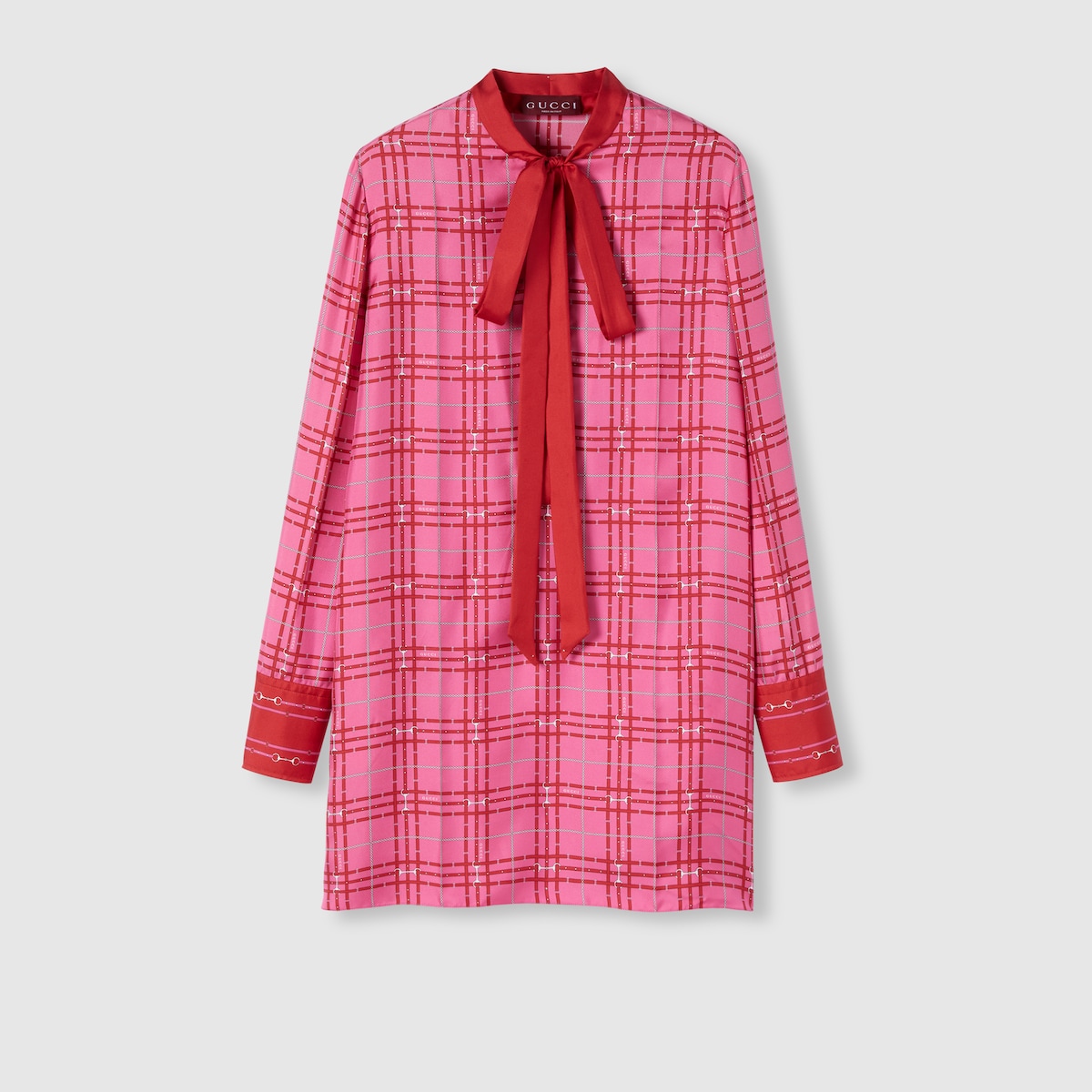Printed silk twill dress in pink and rosso ancora red