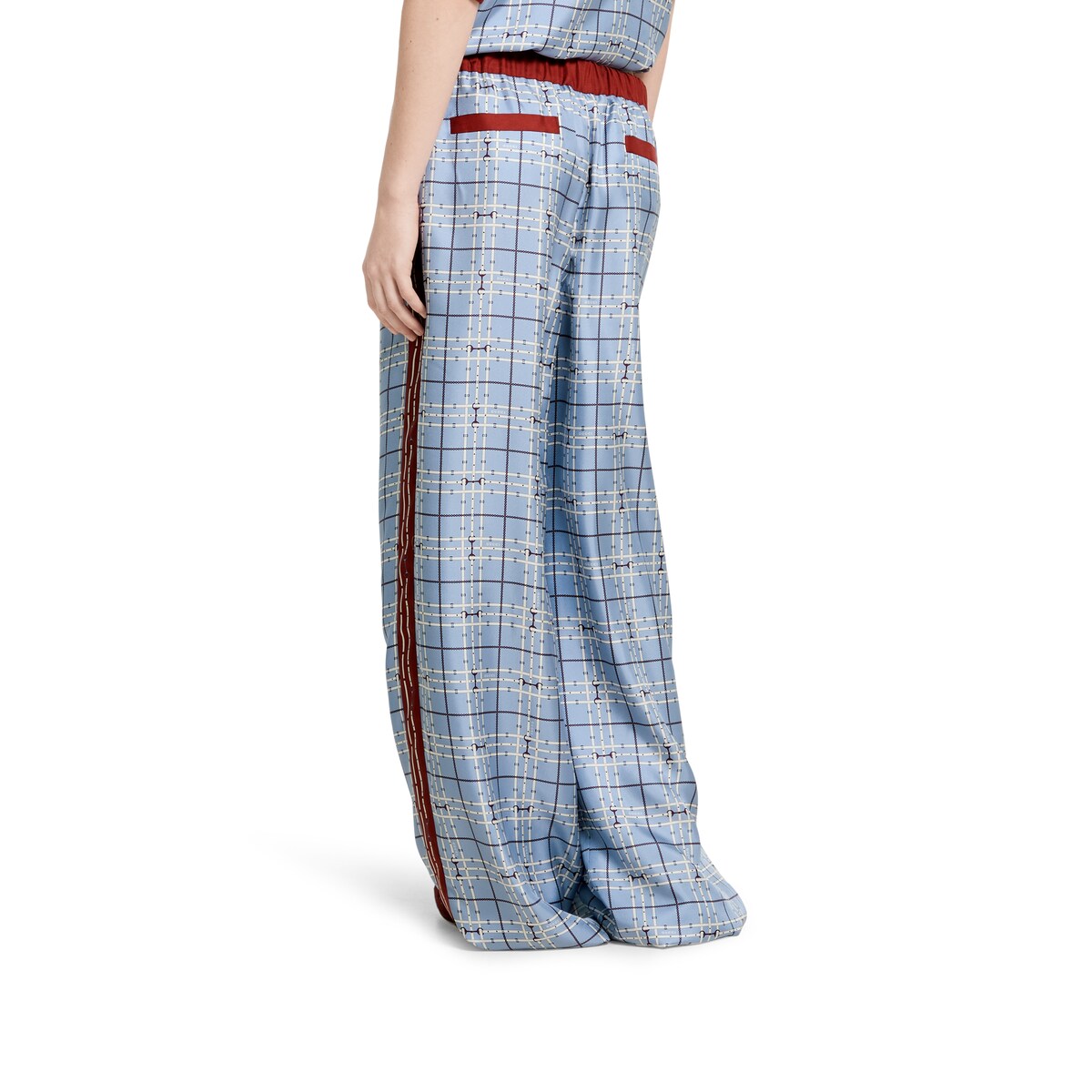 【送料&関税込】Gucci Printed Twill Pant Printed silk twill pants in light blue and rosso ancora red