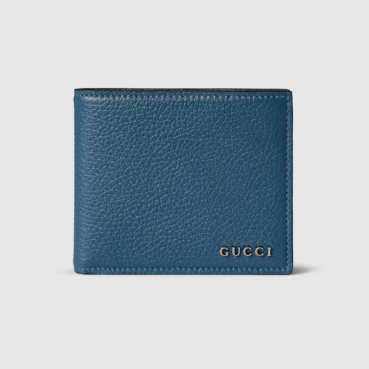 Bi-fold wallet with Gucci script in blue grainy leather | GUCCI® US
