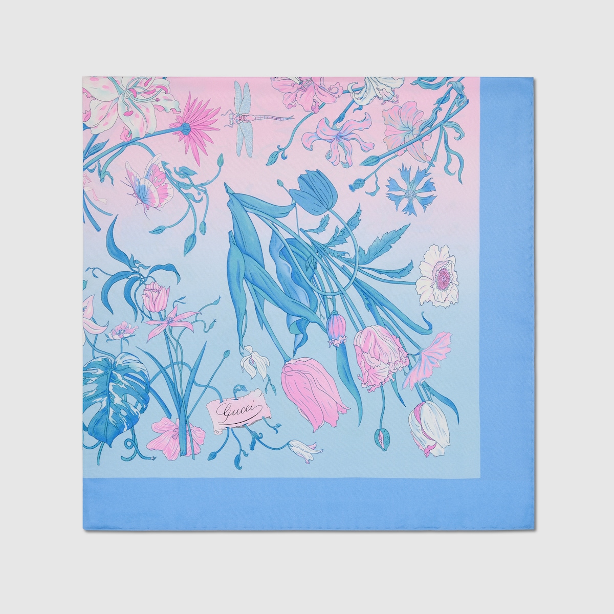 90 x 90 project printed silk carré in light blue and pink