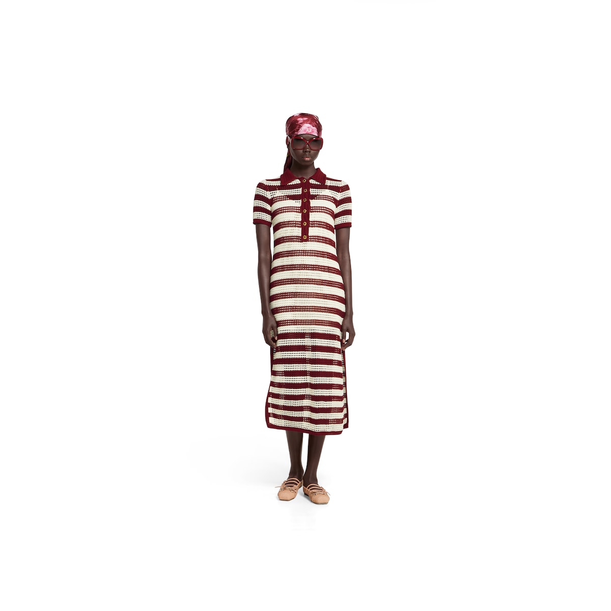 Striped cotton cable knit dress in rosso ancora red and