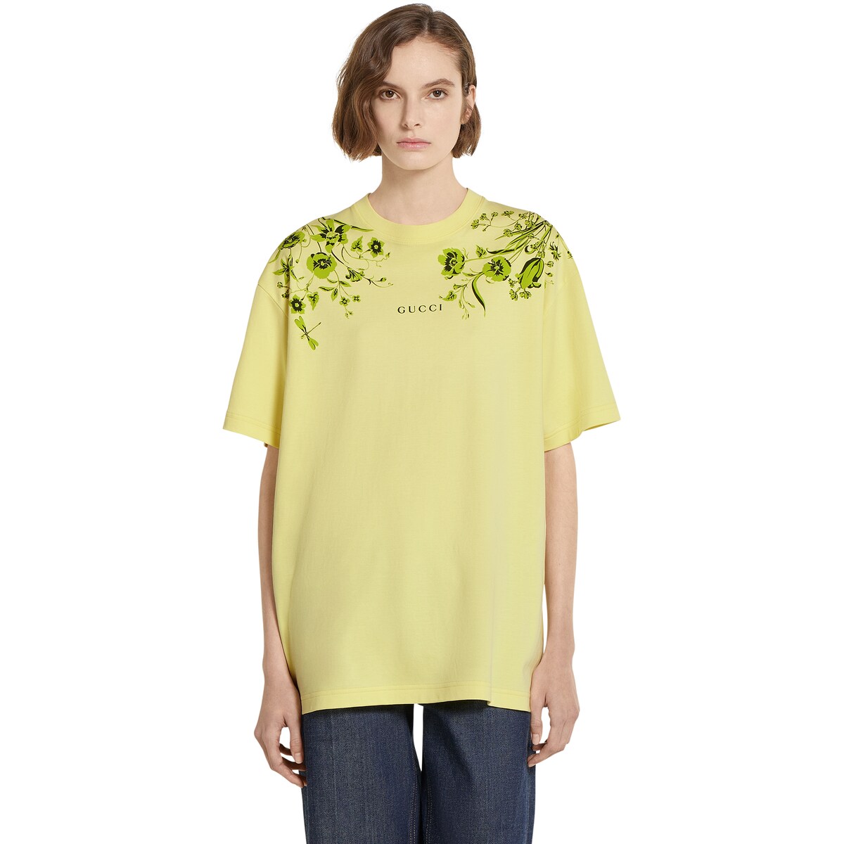 Soft cotton jersey T-shirt with print in lime green | GUCCI® ZA
