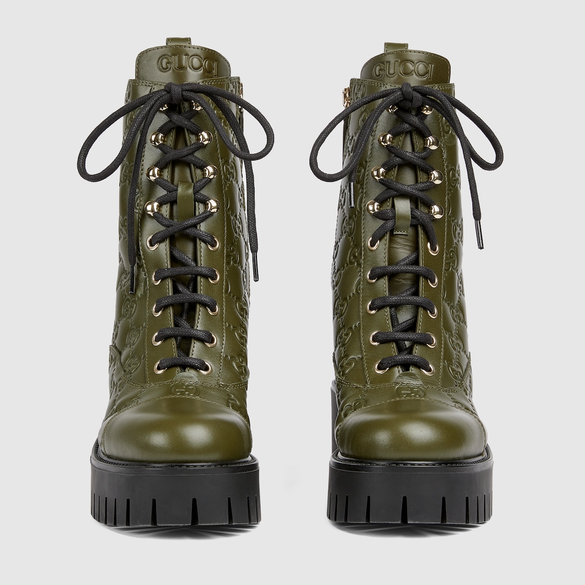 靴 GUCCI short boots sidezip leather 367755 Women's lace-up ankle boot with GG in dark green GG leather