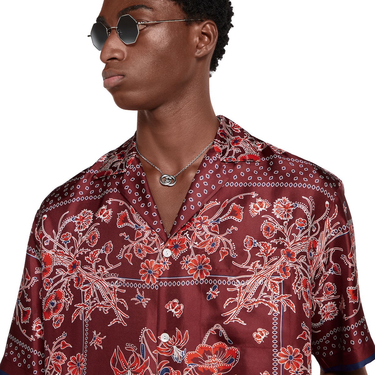 GUCCHI 騙し絵トップス Printed silk twill bowling shirt in lime green and blue