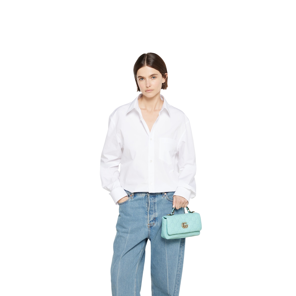GG Milano small top handle bag in light blue GG leather