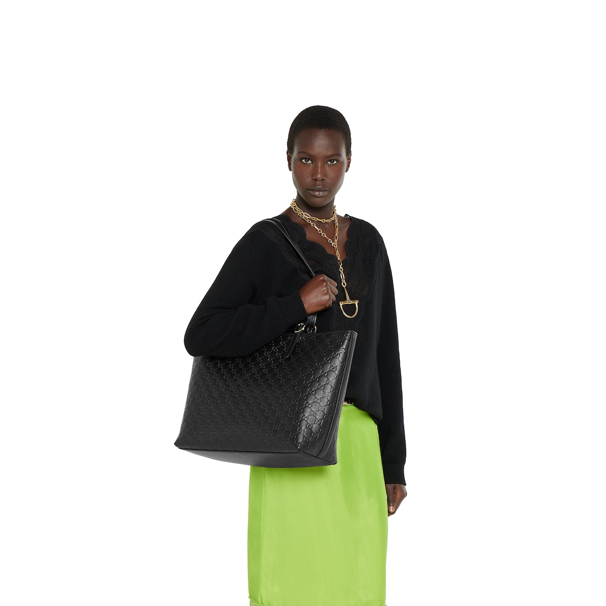 エコバッグ GUCCI GG Emblem Large Shopping Bag GG Emblem large tote bag in black GG leather | GUCCI® US