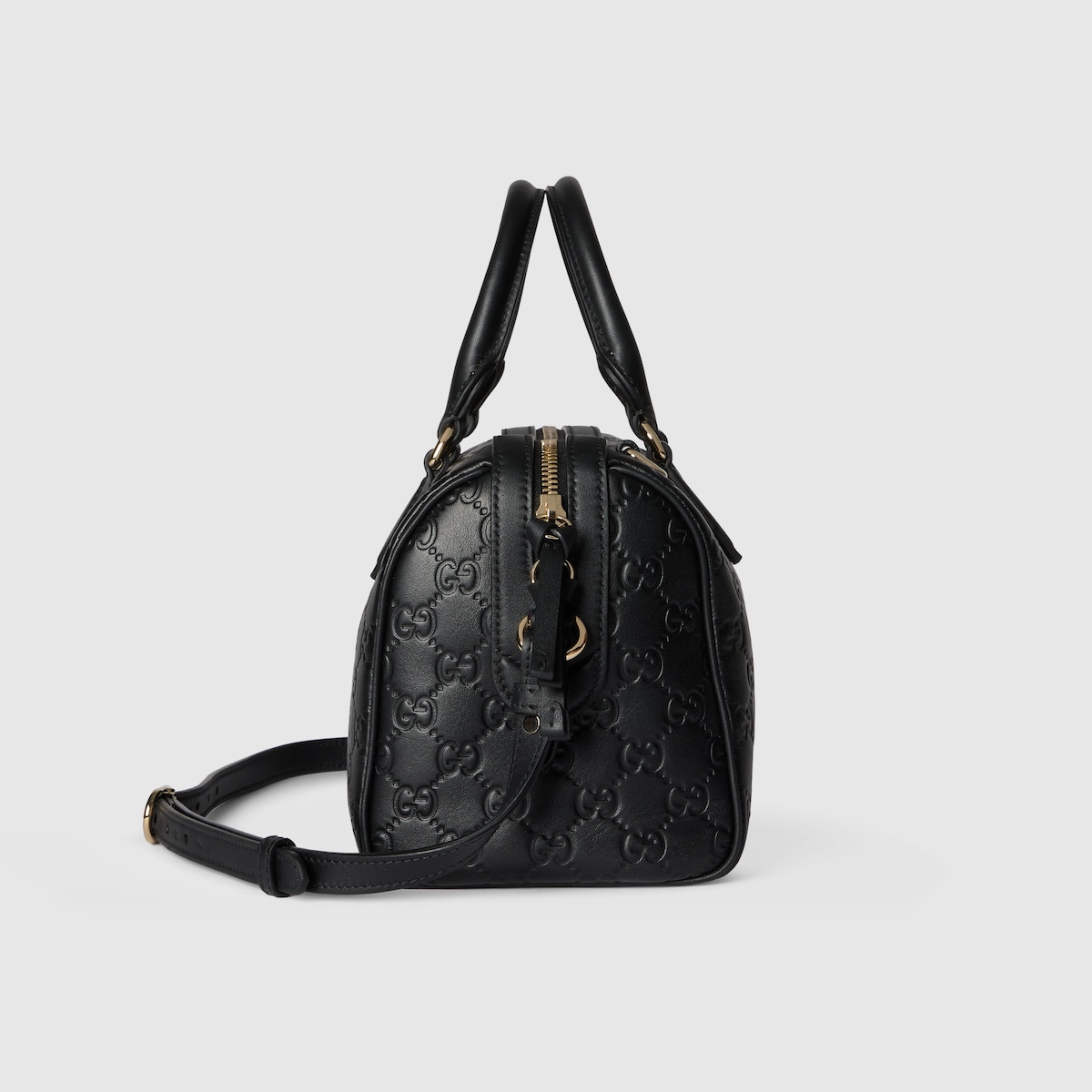 GGエンブレム〕ミディアム ボストンバッグ ・ブラック GGレザー