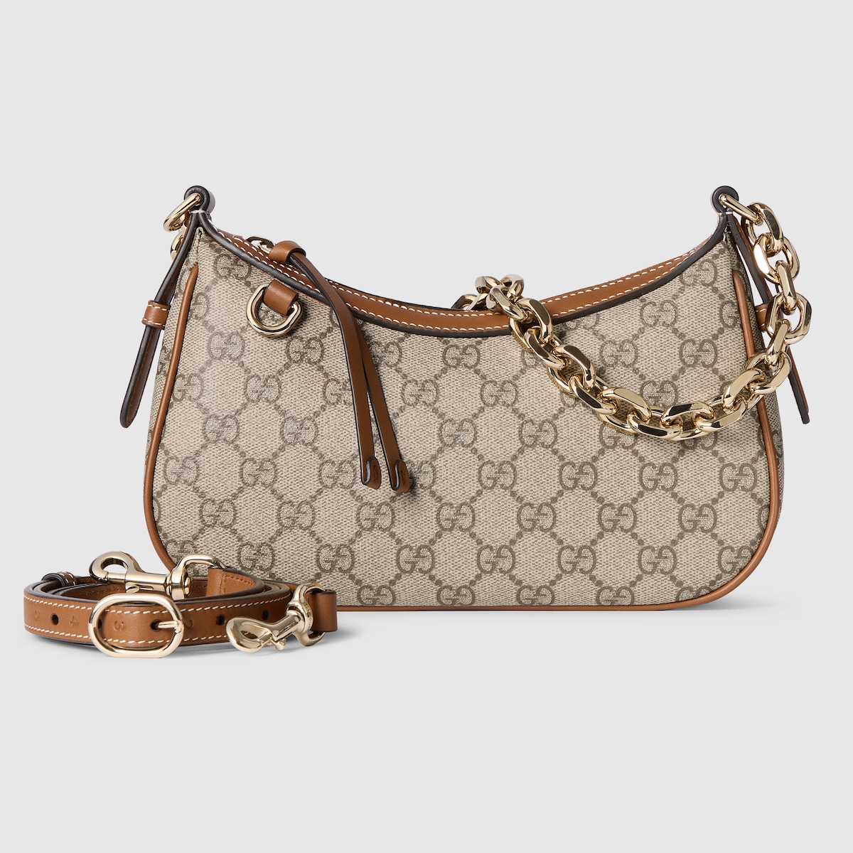 GG Emblem small shoulder bag in beige and dark brown fabric - thumbnail 8