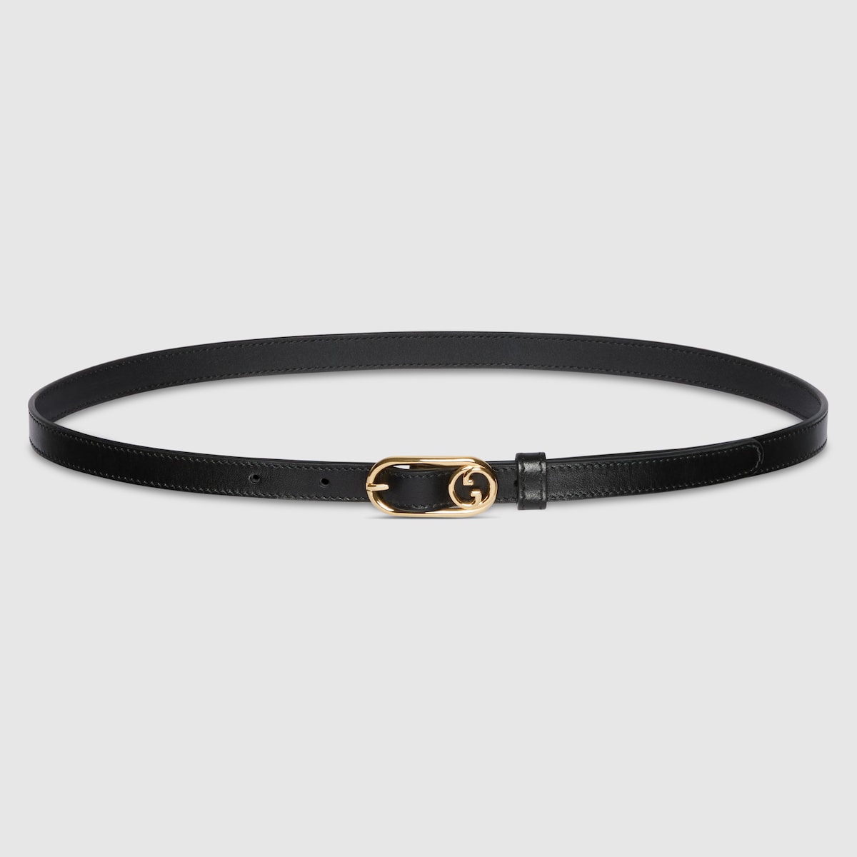Thin belt with Round Interlocking G in black leather | GUCCI® US