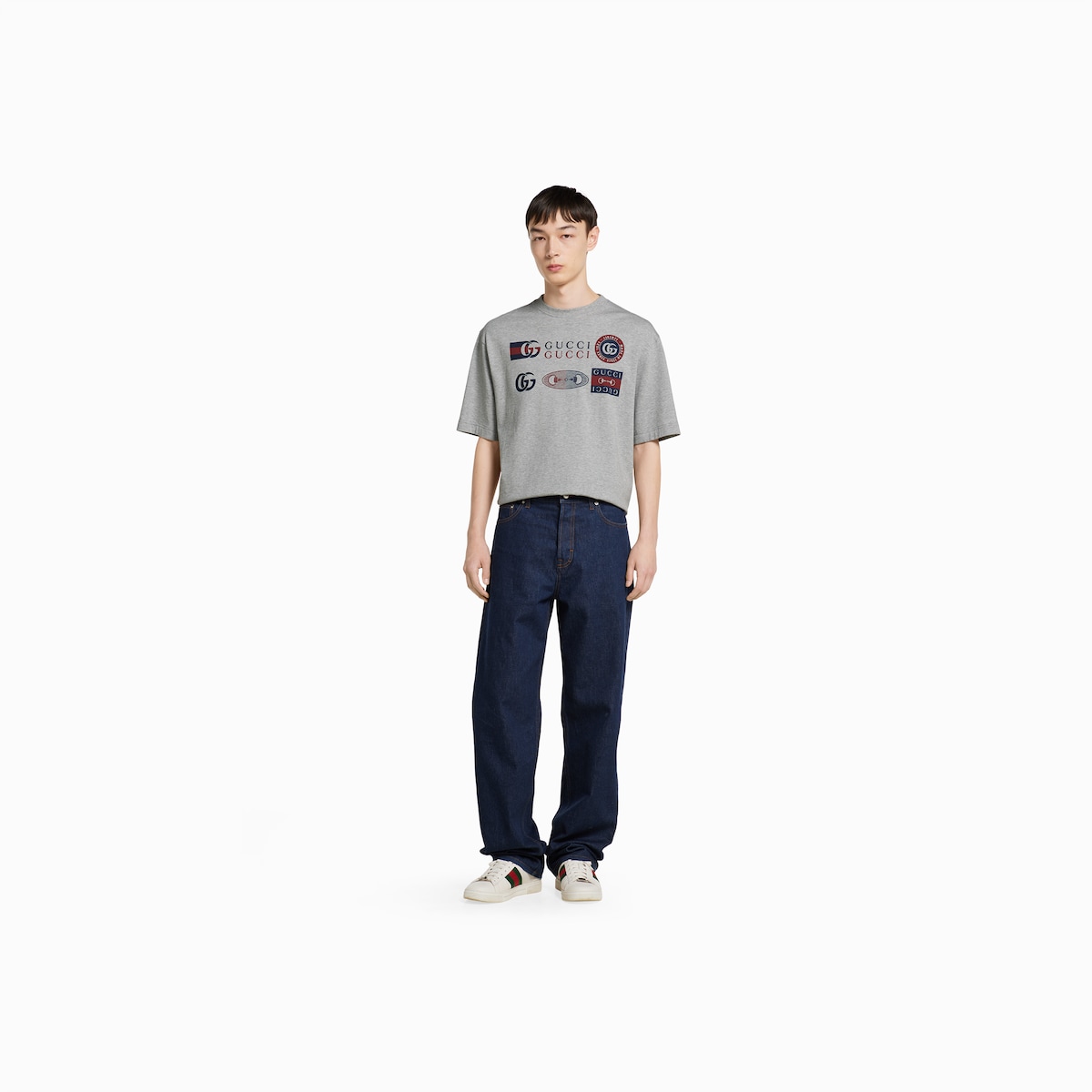 Printed cotton jersey T-shirt in light grey | GUCCI® US