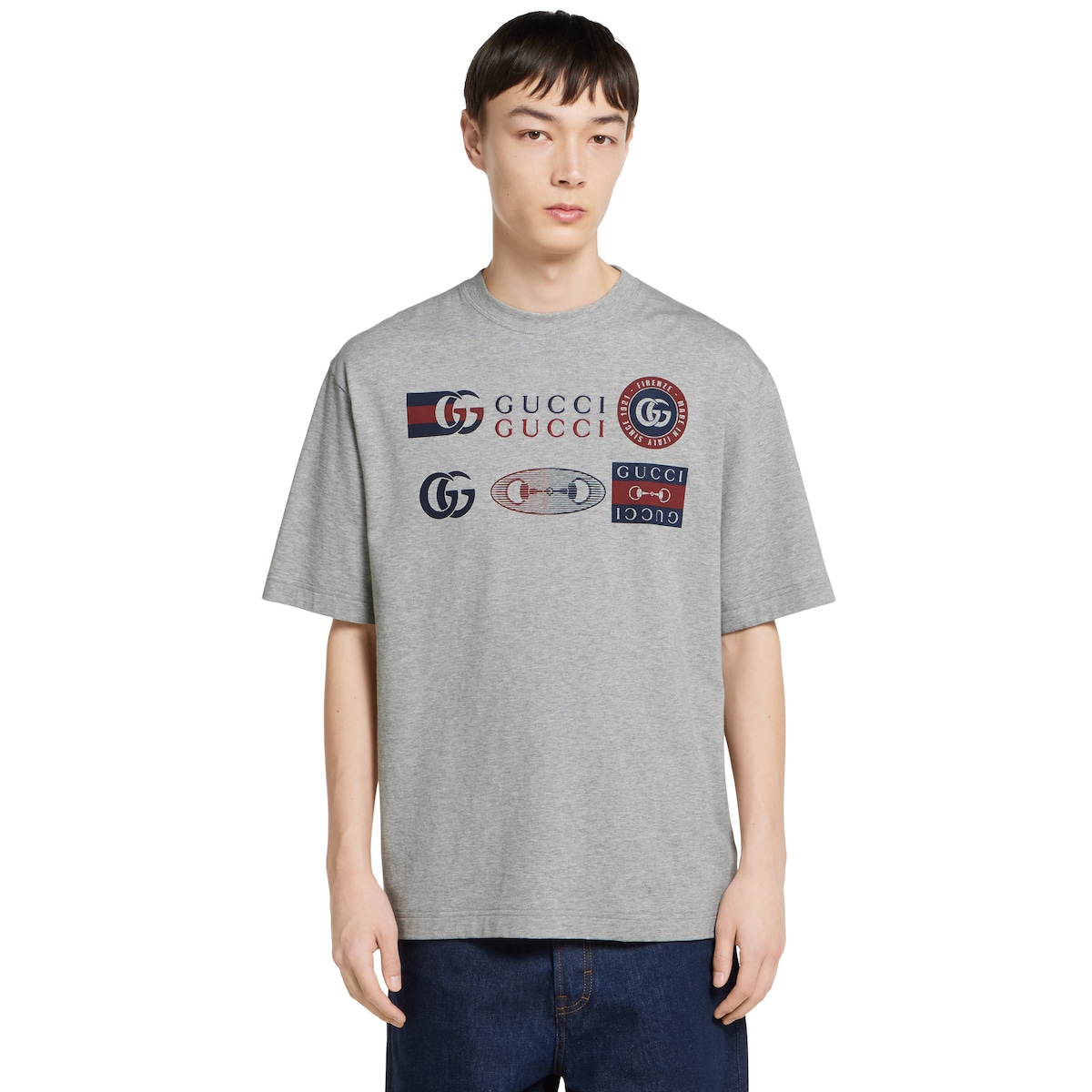 GUCCI グレー Tシャツ ロゴプリントサイズ8 Printed cotton jersey T-shirt in light grey | GUCCI® US