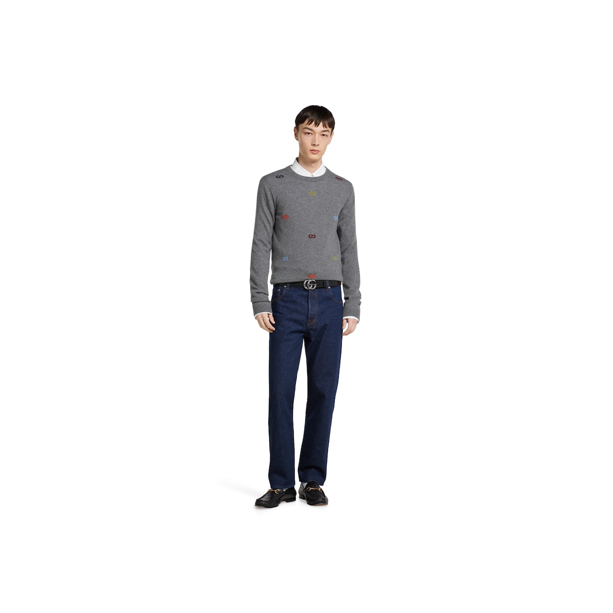 Fine cashmere sweater with intarsia in grey | GUCCI® US