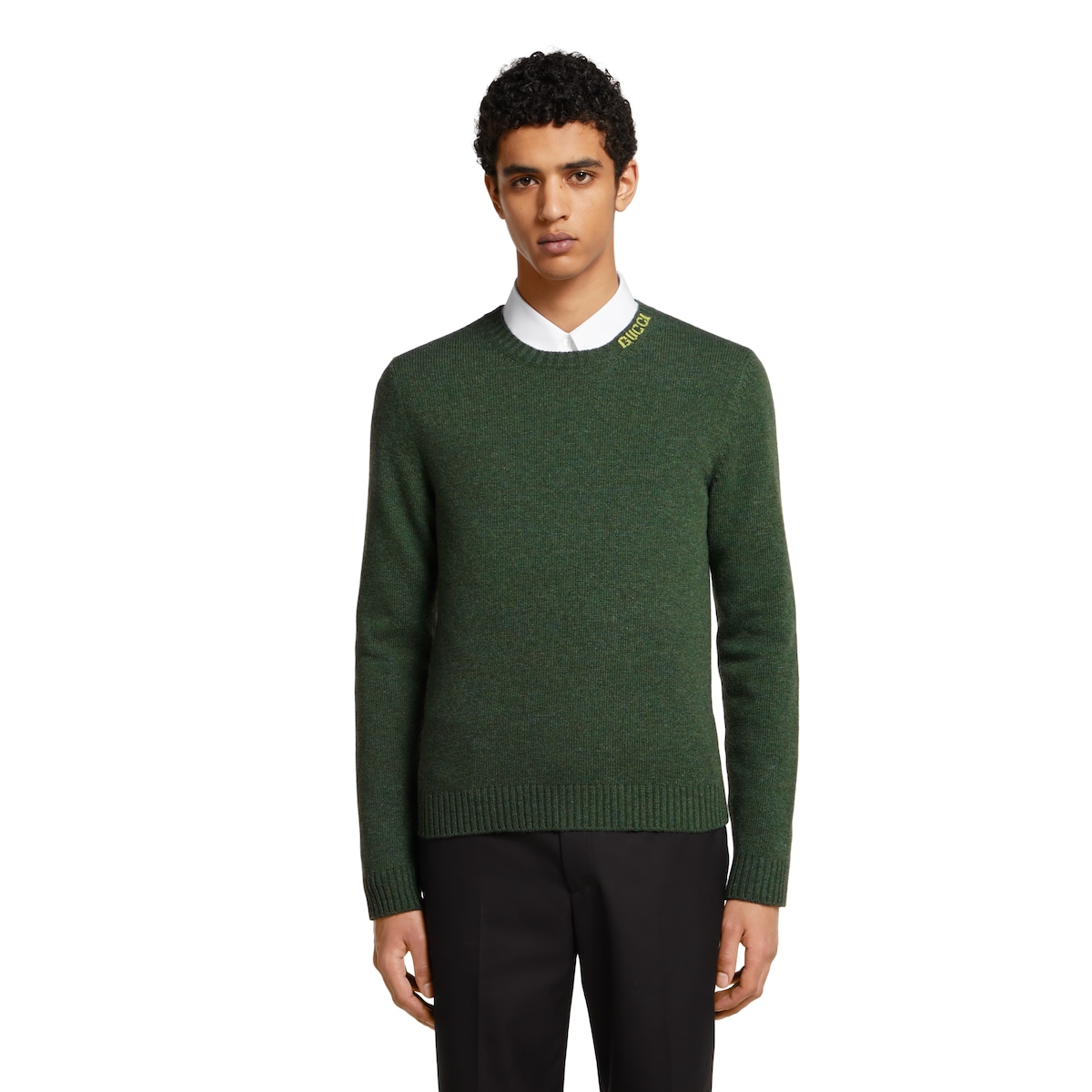 Felted wool knit sweater with intarsia in dark green | GUCCI® SI