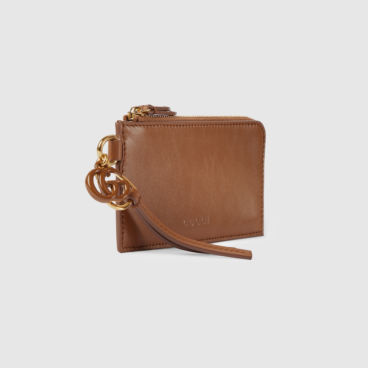 Card case with Double G charm in brown leather | GUCCI® US