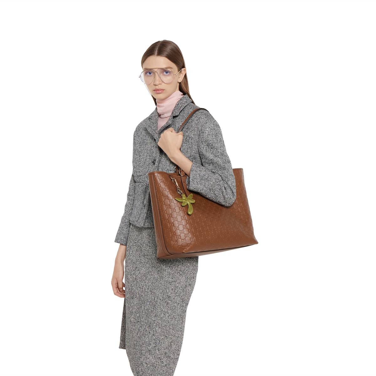 トートバッグ GUCCI GG EMBLEM LARGE LEATHER TOTE GUCCI GG Emblem large leather-trimmed printed coated-canvas