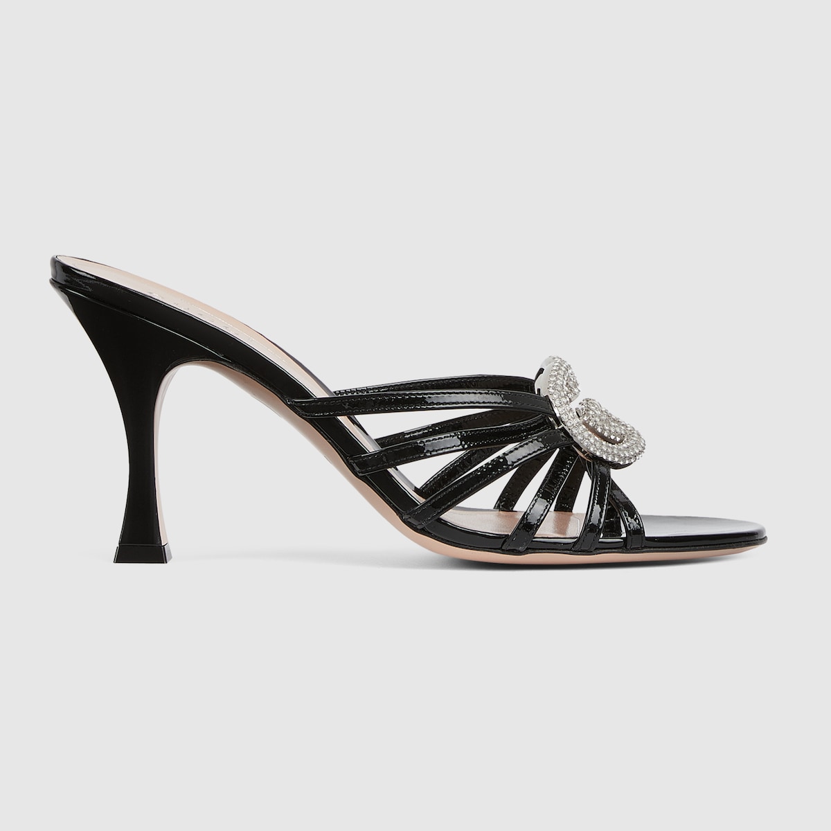 Women's slide sandal with crystal Interlocking G in black patent