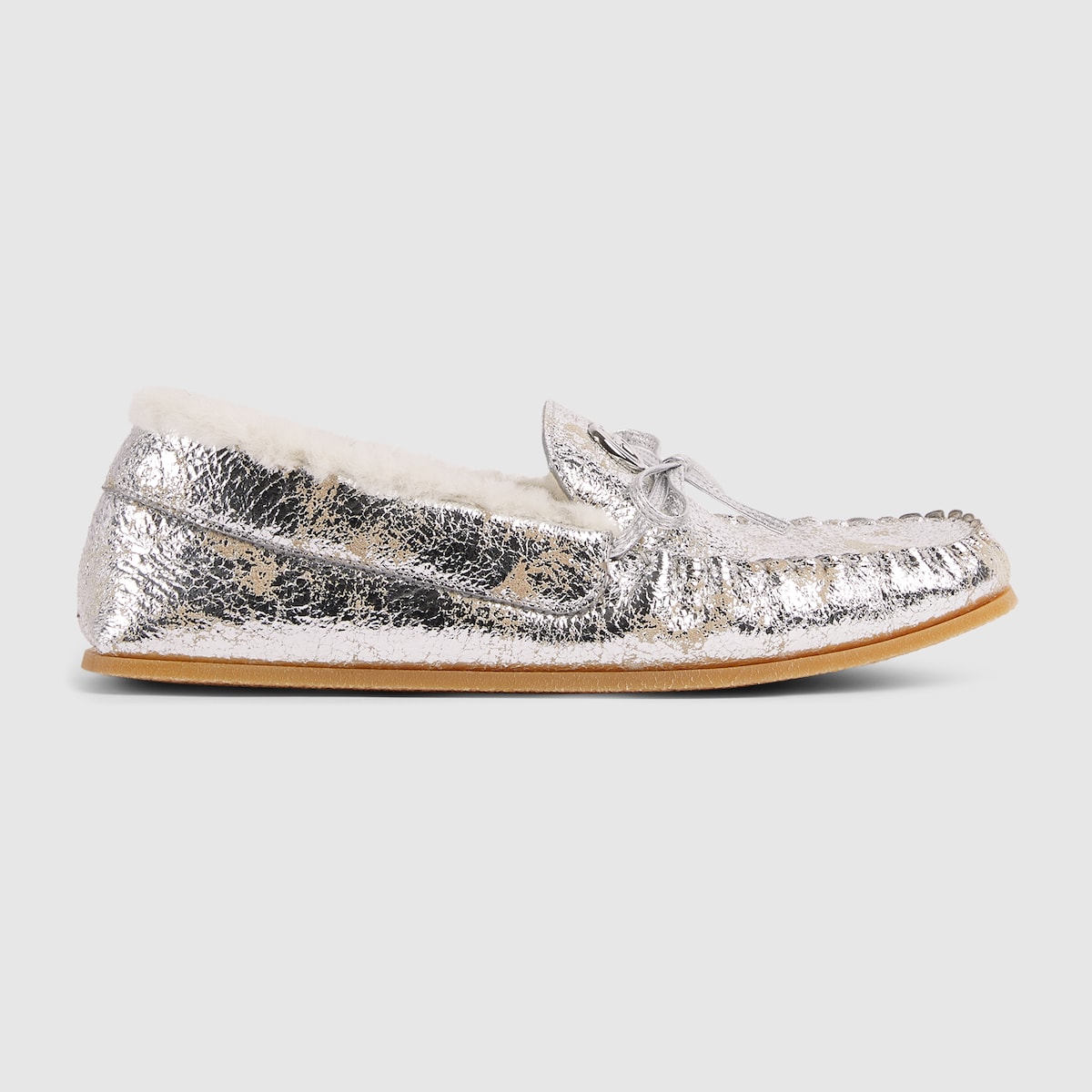 Women's driver loafer with merino wool lining in silver textured