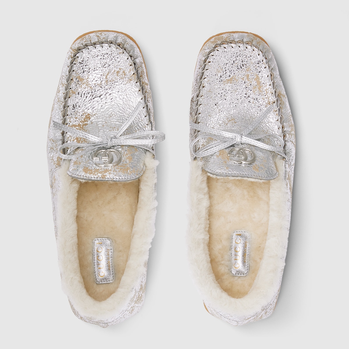 Women's driver loafer with merino wool lining in silver textured