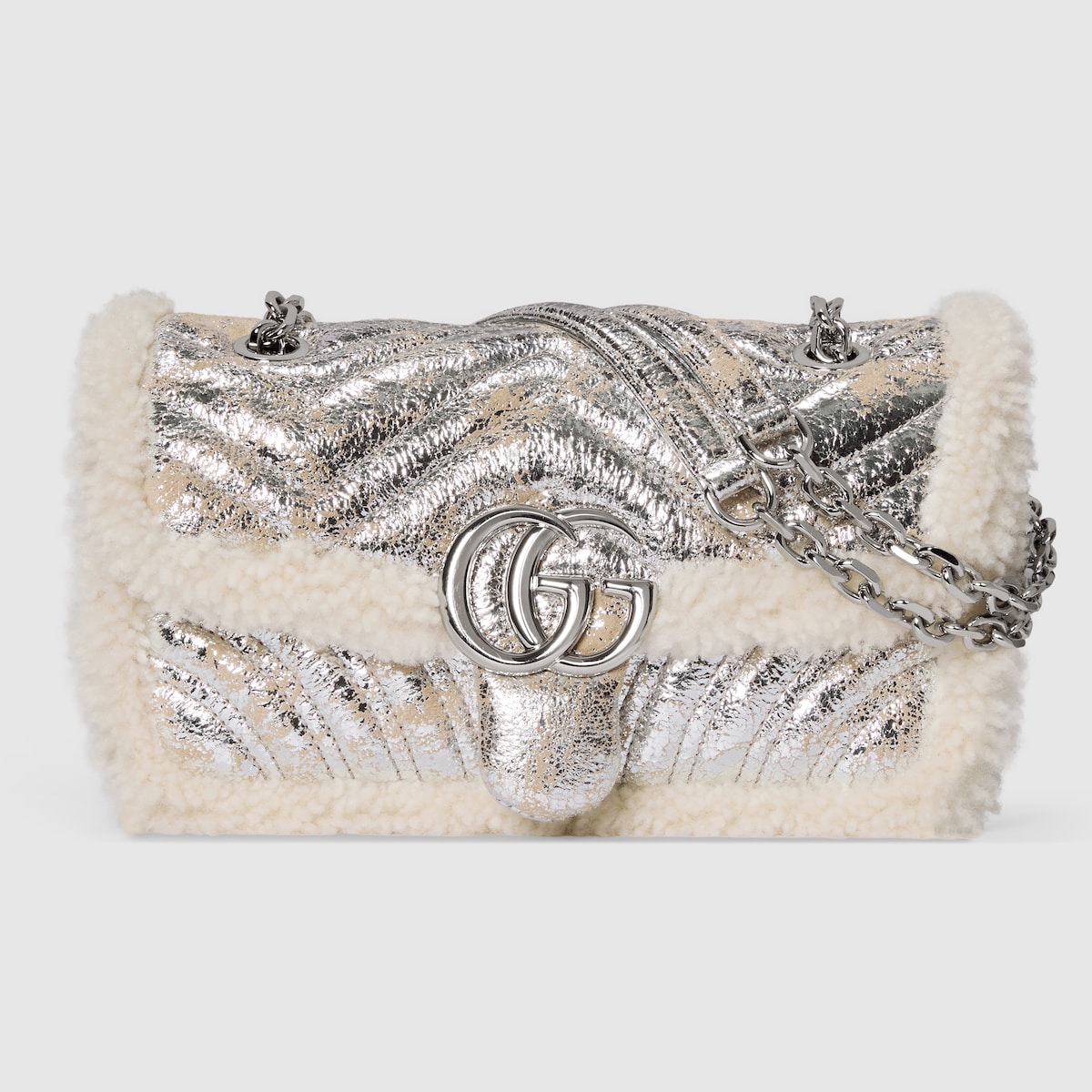 GG Marmont small shoulder bag in silver textured leather | GUCCI® US