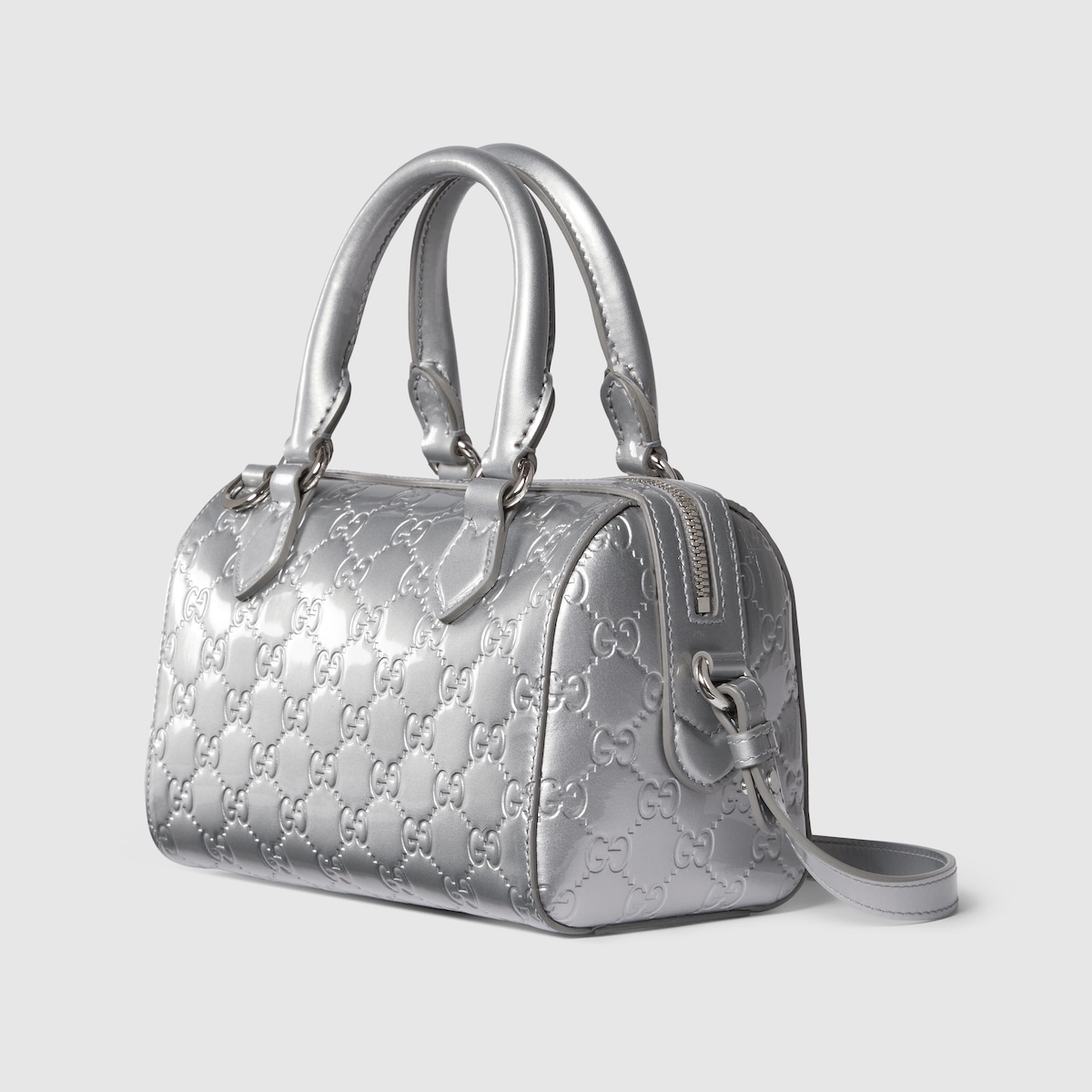 GUCCI ミニボストン ハンドバッグ レザー シルバー GG Emblem small boston bag in silver GG leather | GUCCI® US