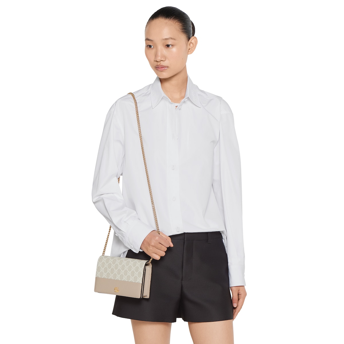 GG Marmont wallet on chain in beige and white GG Supreme