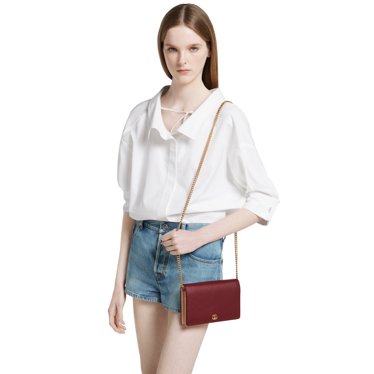 GG Marmont wallet on chain in Rosso Ancora red and pink