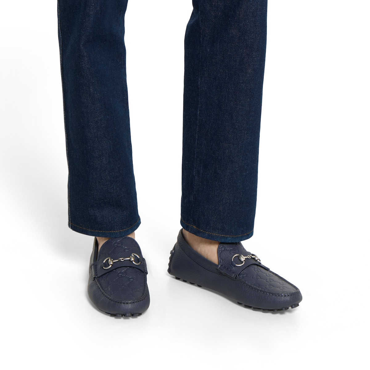 Men's driver with Horsebit in blue GG leather | GUCCI® US