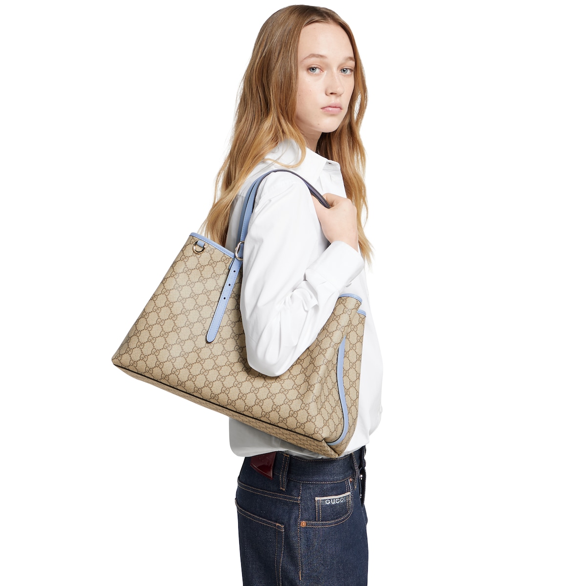 GUCCI GG トートバッグ GGエンブレム〕ミディアム トートバッグ ・ベージュ＆ダーク