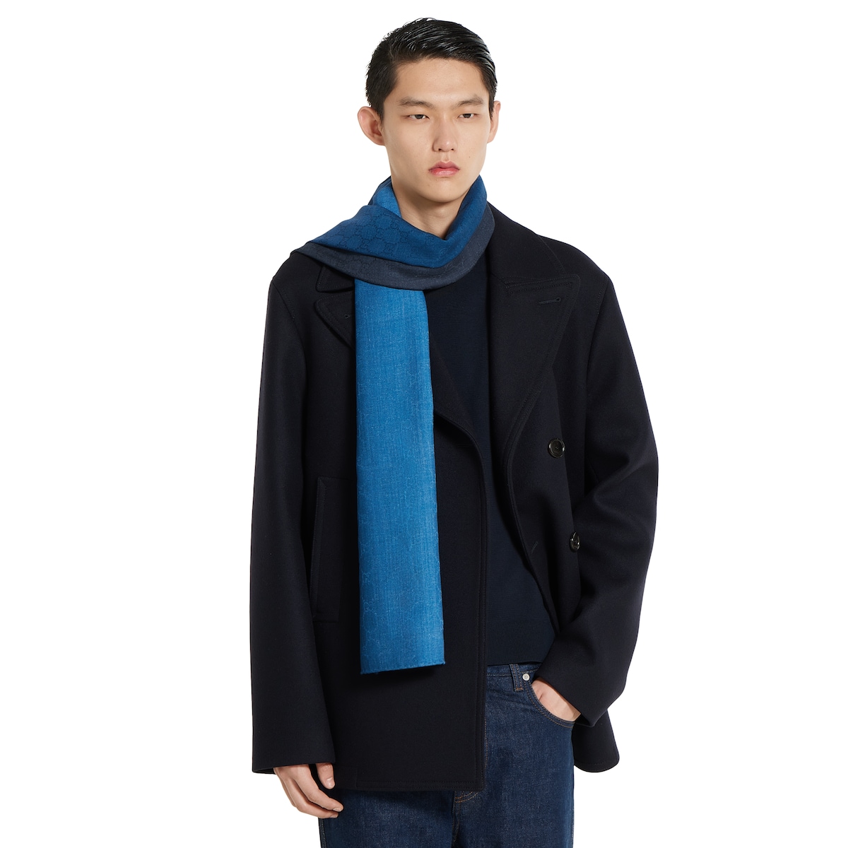 GUCCIグラデーションストール GGウール＆シルク ジャカード ストール ・ブルー グラデーション