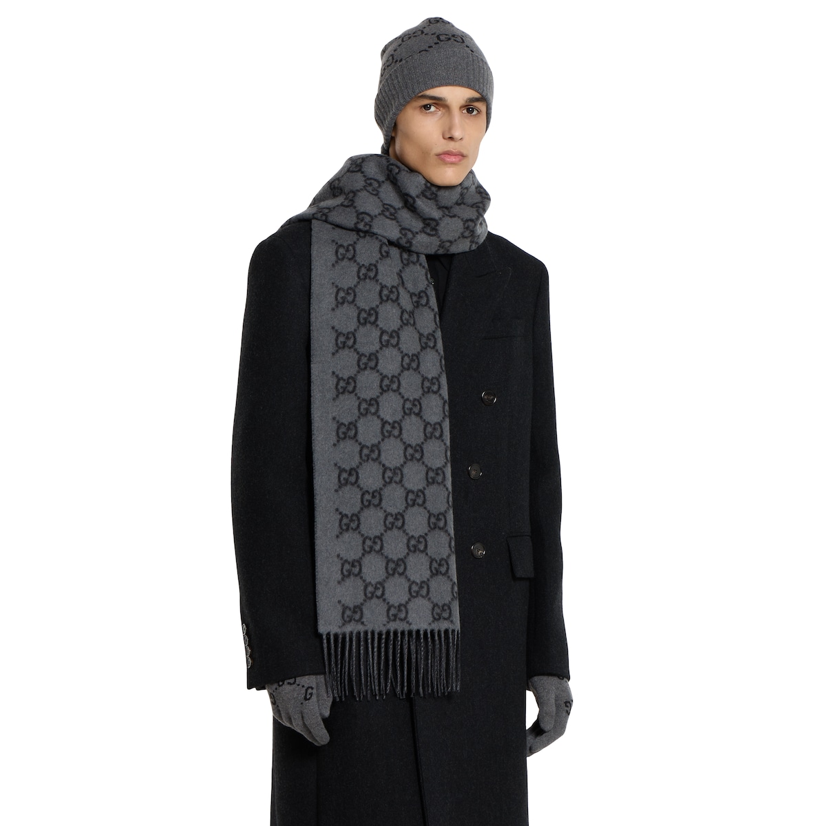 GG cashmere scarf in dark grey and black | GUCCI® US