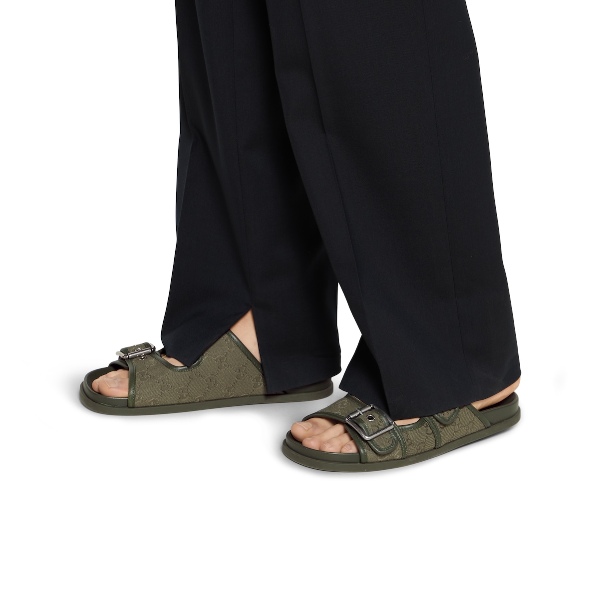 バックル付き メンズ スライドサンダル ・ダークグリーン GG バックル付き メンズ スライドサンダル ・ダークグリーン GG