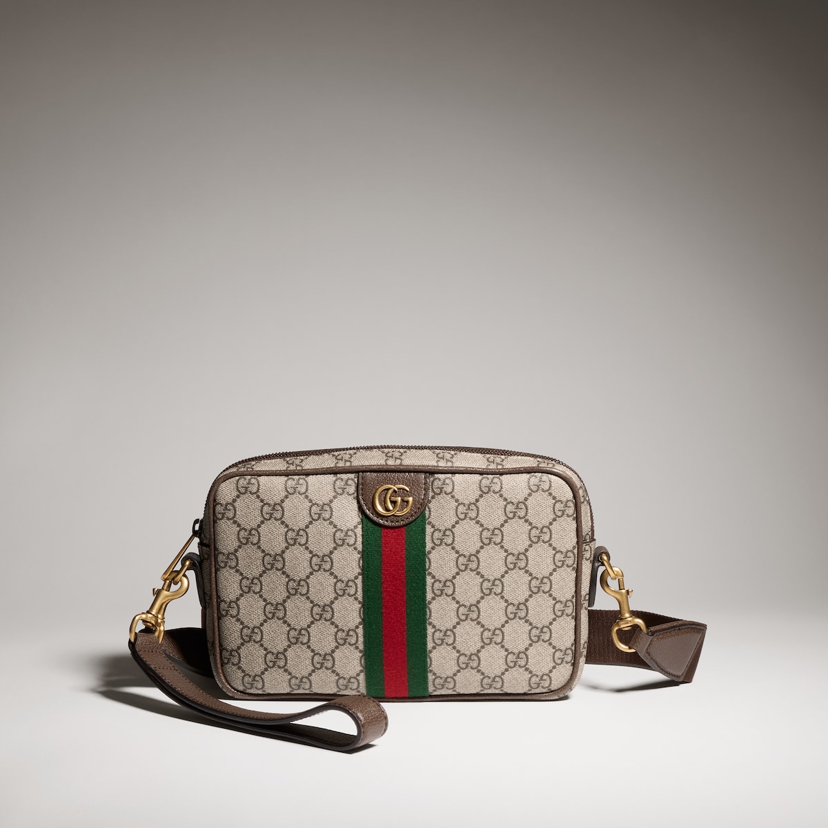 Ophidia small crossbody bag in beige and dark brown fabric - thumbnail 3