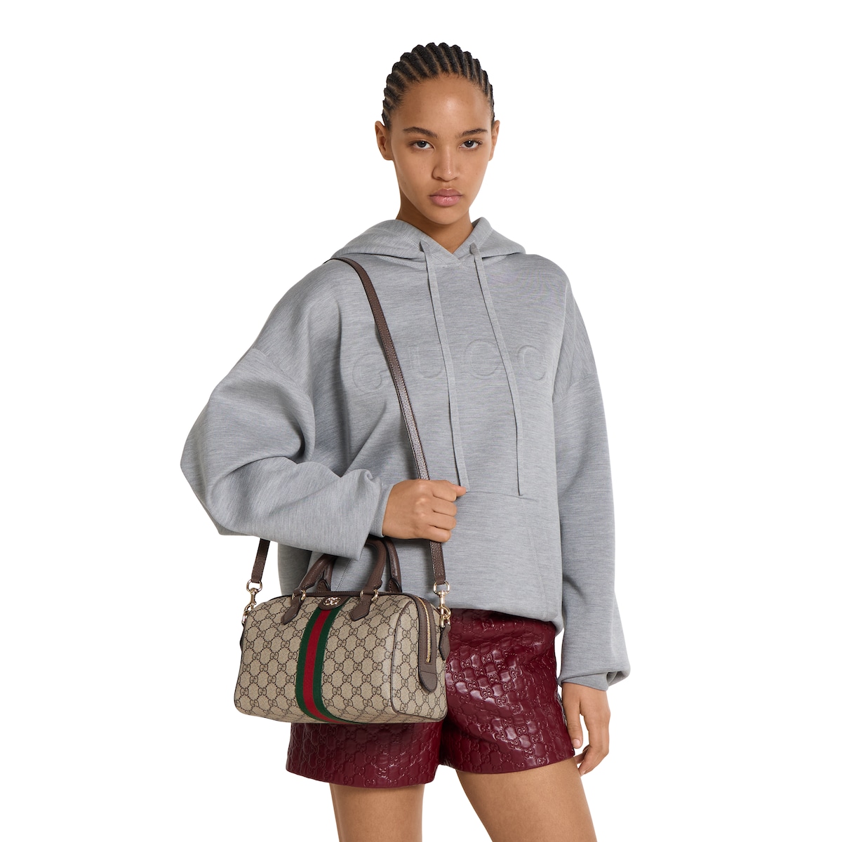Ophidia medium boston bag in beige and brown GG fabric