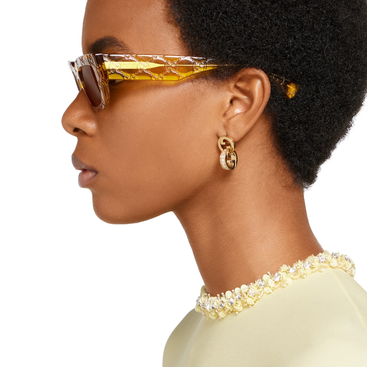 GUCCI(グッチ)ブロンディクリスタルピアス グッチ ブロンディ〕リンク クリスタル ピアス ・ライトゴールドトーン