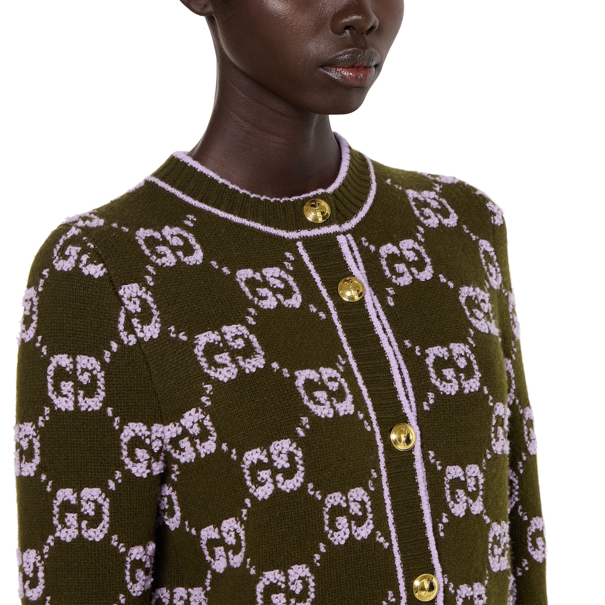GG wool bouclé jacquard cardigan in forest green and lilac | GUCCI® US