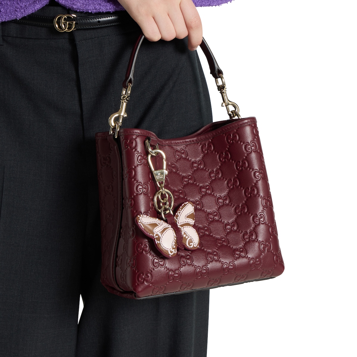 Butterfly-shaped keychain in brown and pink GG leather