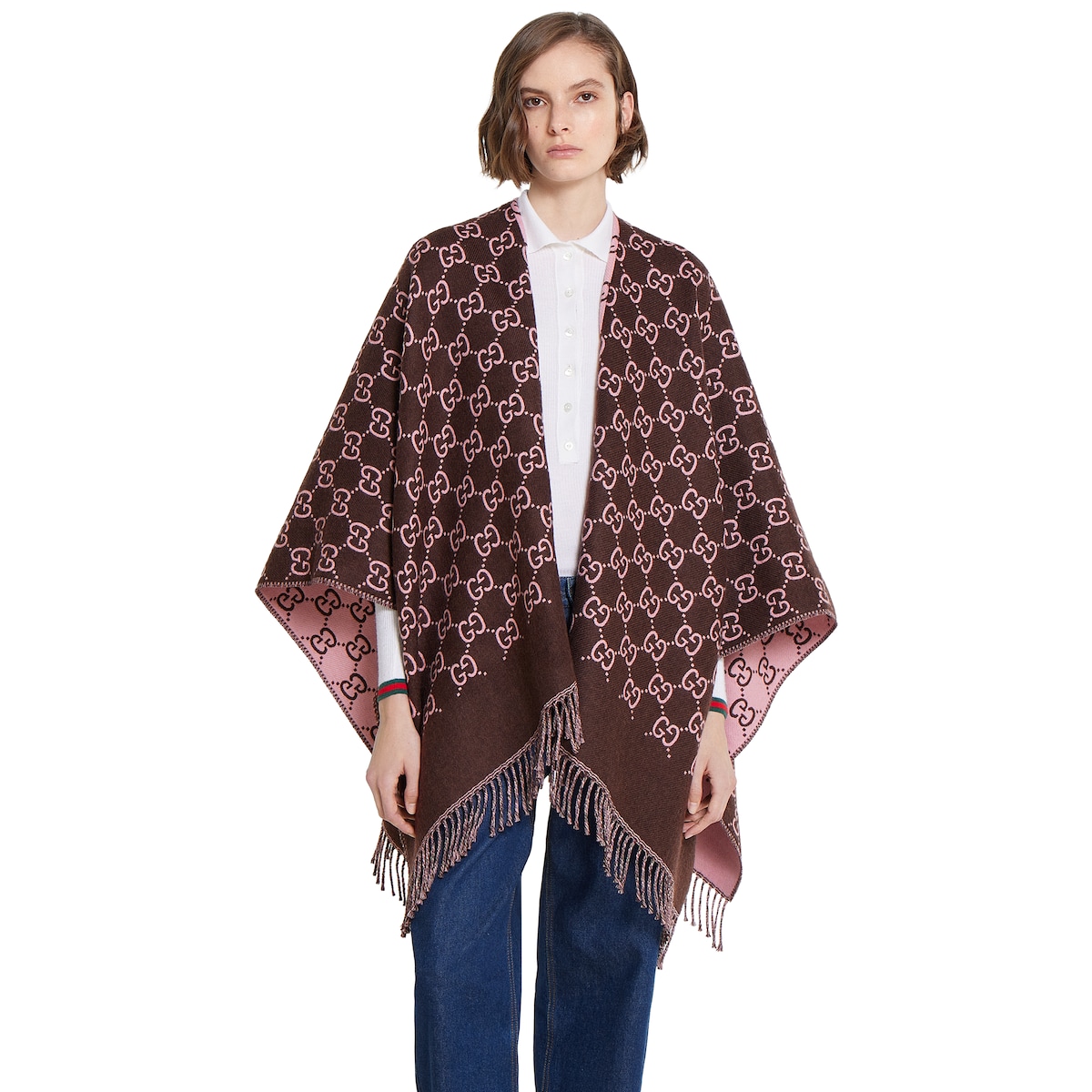 GG wool jacquard cape in dark brown and pink | GUCCI® US