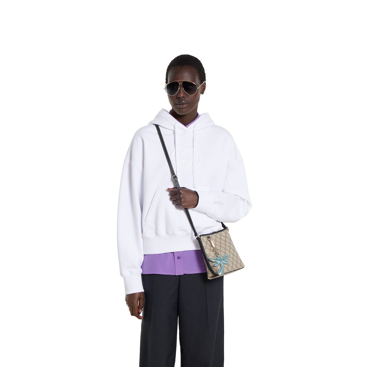 GG Emblem nano bucket bag in beige and dark brown fabric