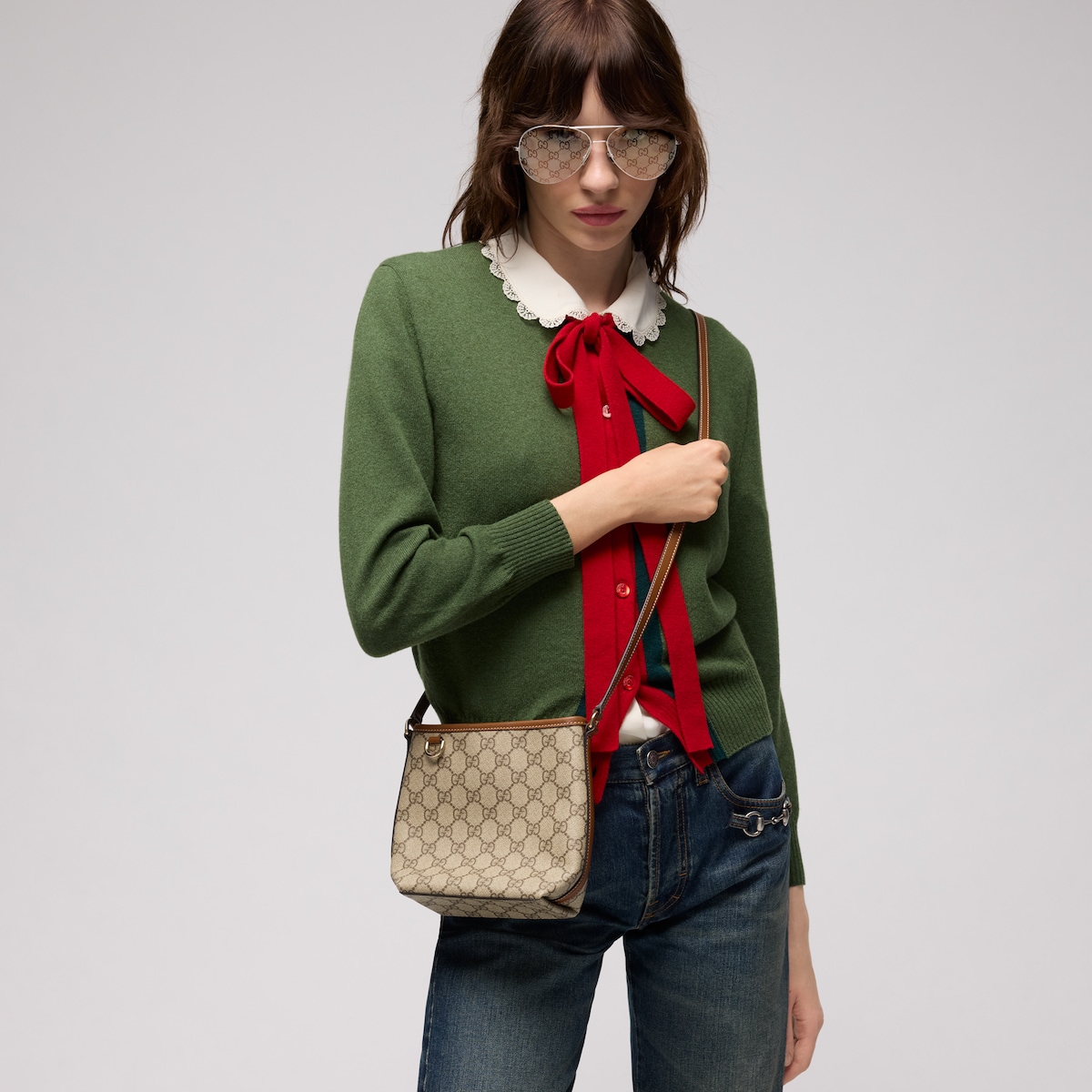GG Emblem nano bucket bag in beige and dark brown fabric - thumbnail 3