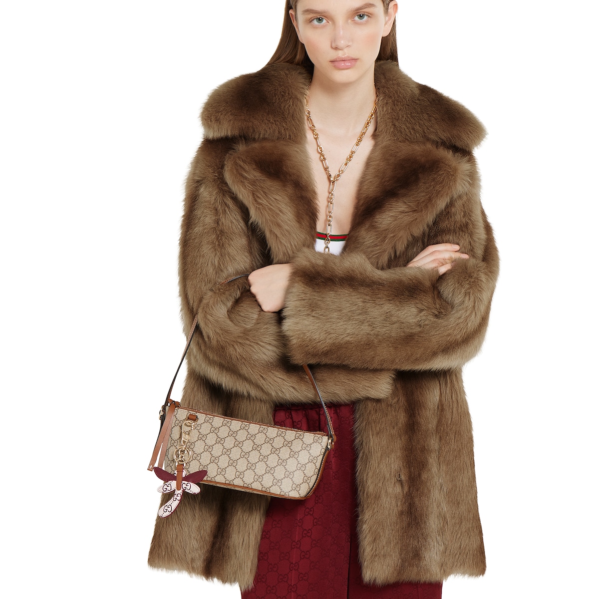 茶色 スモール ショルダーバッグ GUCCI GGエンブレム〕スモール ショルダーバッグ ・ベージュ＆ダーク