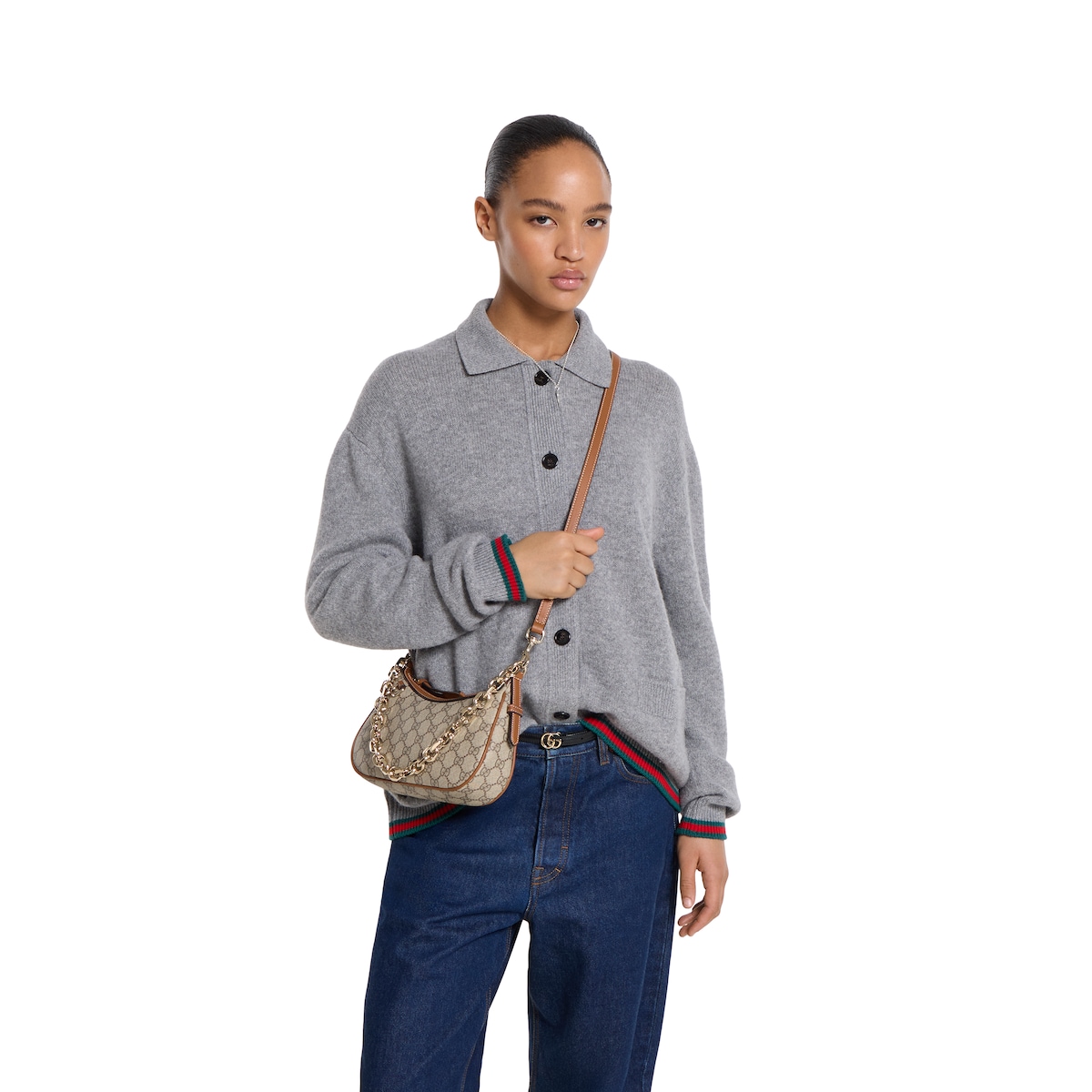 GG Emblem small shoulder bag in beige and dark brown fabric - thumbnail 3