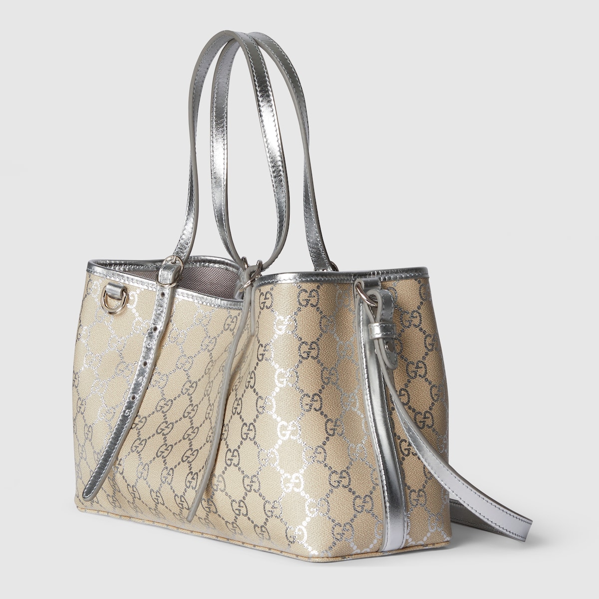 GGエンブレム〕ミディアム トートバッグ ・シルバー GG ファブリック