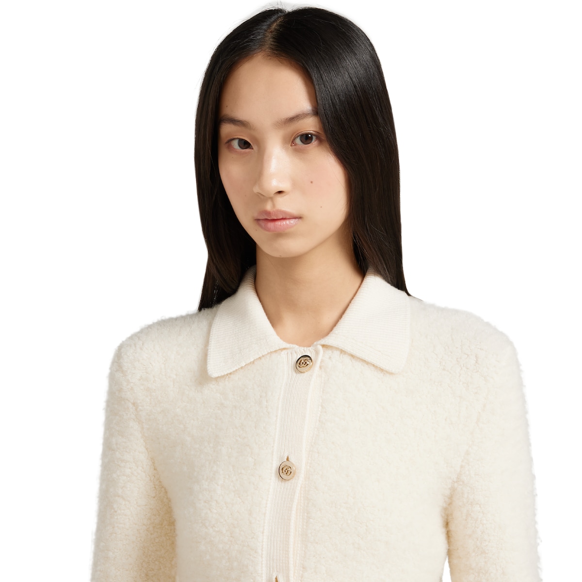 Wool bouclé polo cardigan in white | GUCCI® US