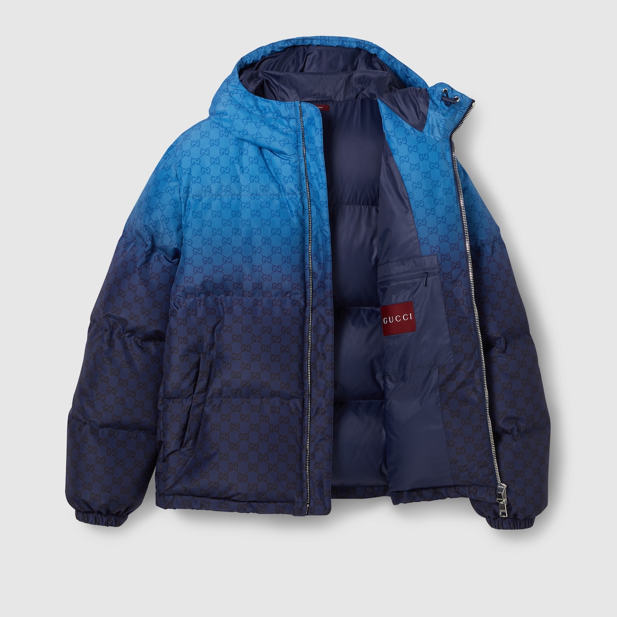 Printed poplin tech zip jacket in gradient light blue to