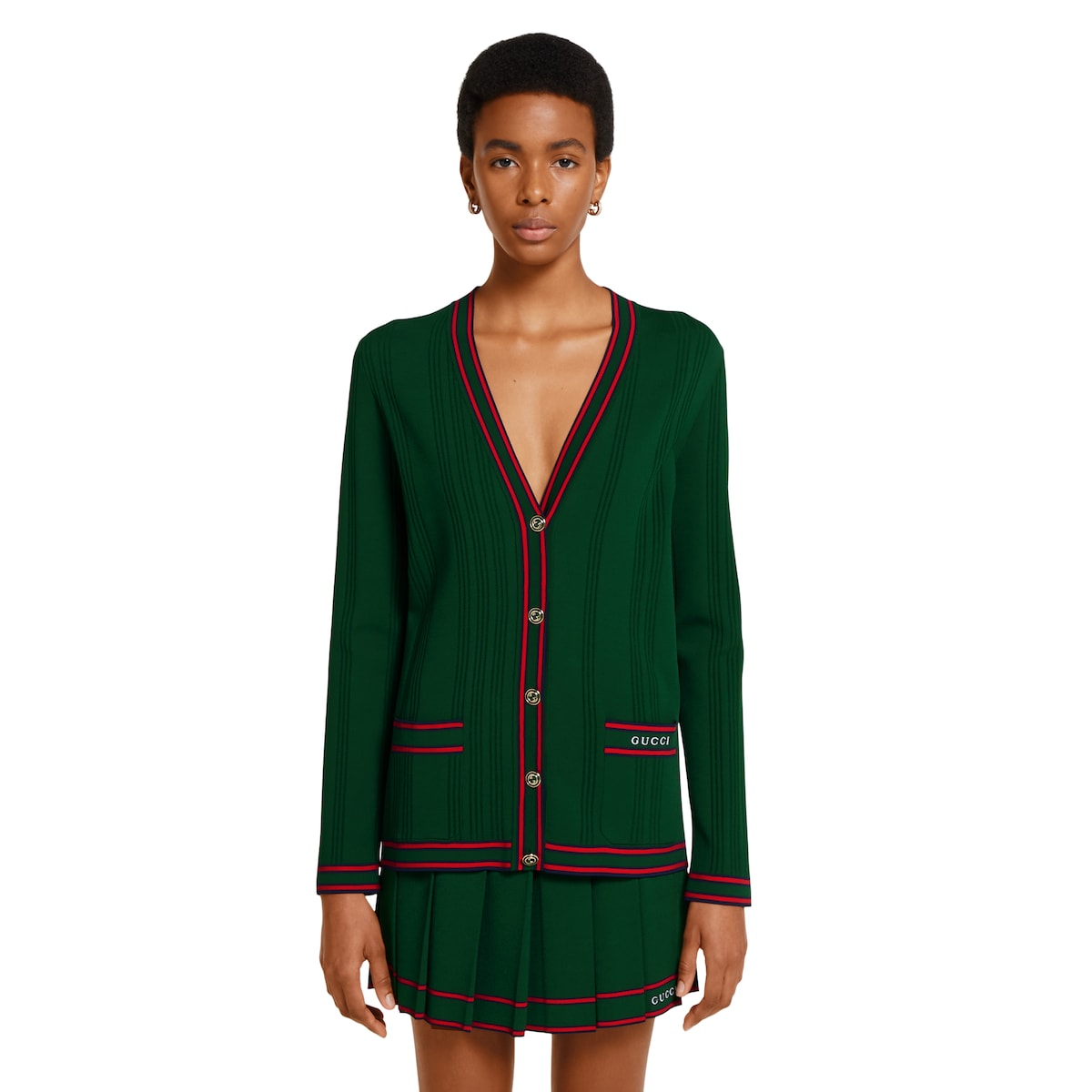 Cardigan with striped trim in dark green | GUCCI® US