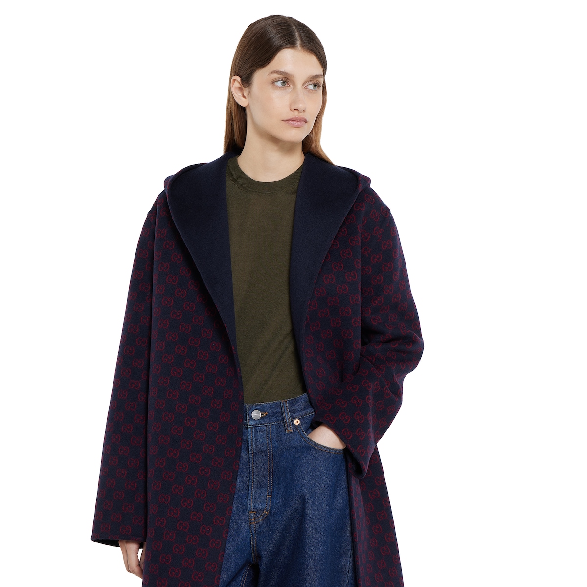 Reversible wool silk hooded coat in blue and red | GUCCI® US
